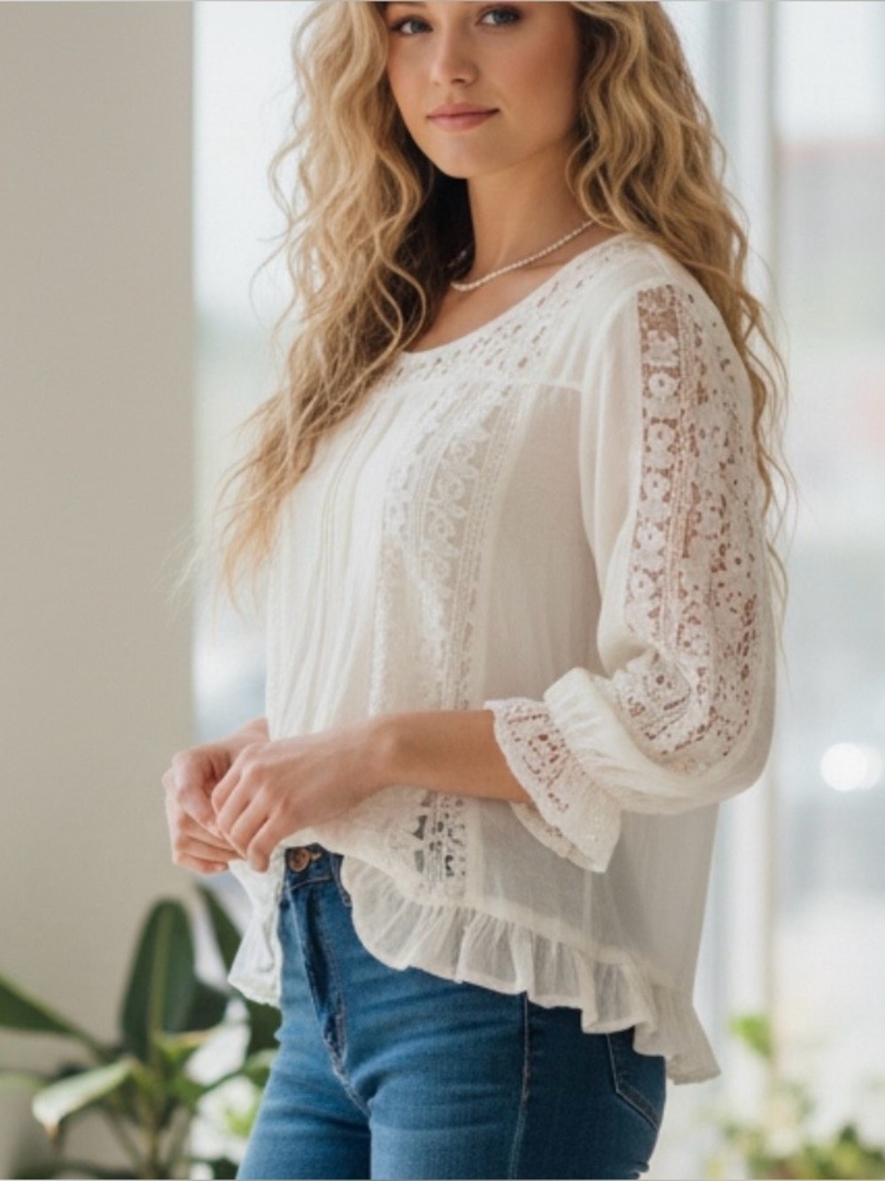 Cost Plus World Market Cream Lace Ruffle Blouse